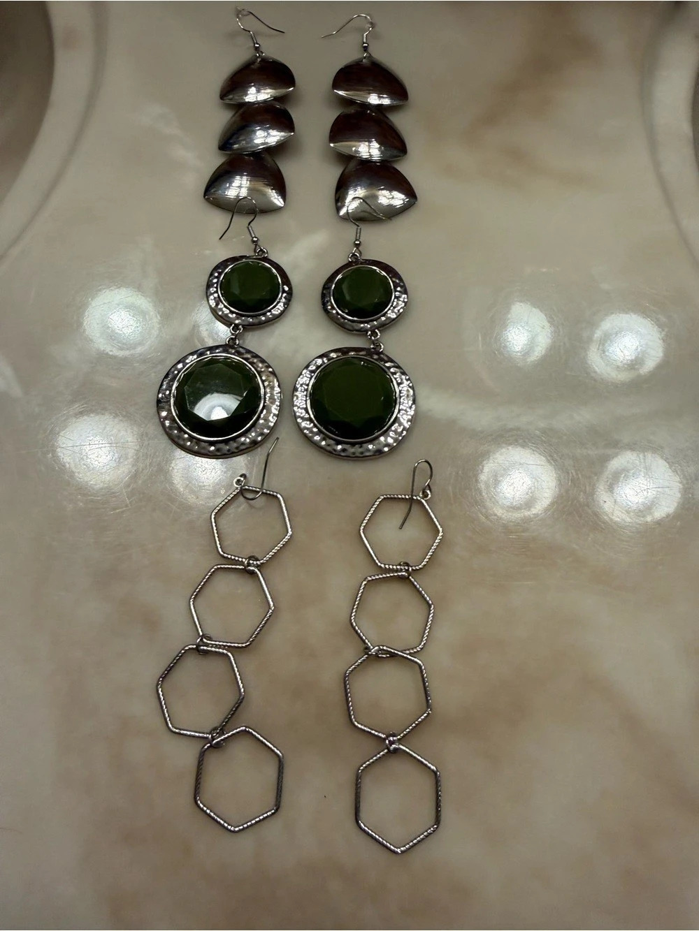 Silver-Tone Green Drop Earrings Set Like New